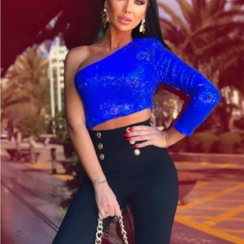 ZARA SEQUIN SPARKLY Asymmetric Cobalt Blue Crop TOP Small